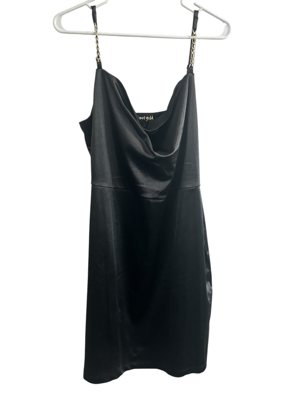 Planet Gold Black Satin Cowl Mini Dress with Gold Chain Straps